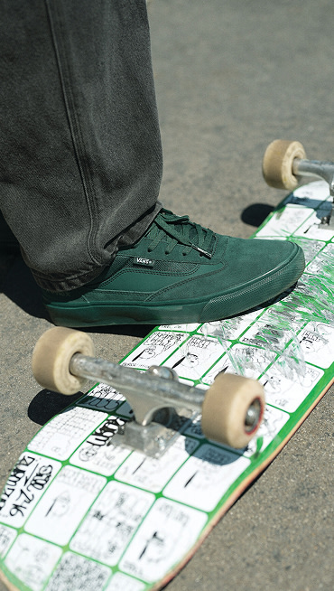 A close-up of the green Curren from the United Through Skateboarding collection.