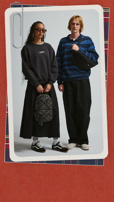 A young man and woman pose in a photography studio wearing beige Slip-On and black Super Lowpro in a photography studio.