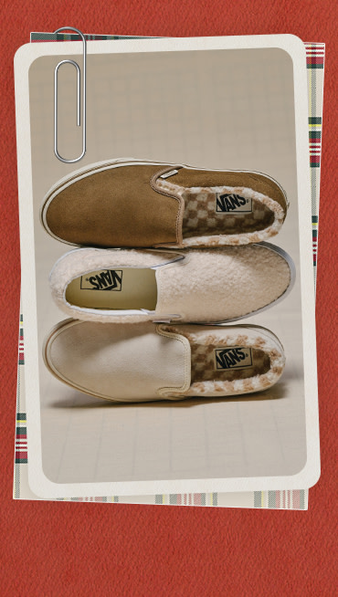 A photograph surrounded by a plaid holiday border of different colors of the High-Pile Classic Slip-On stacked on top of each other.