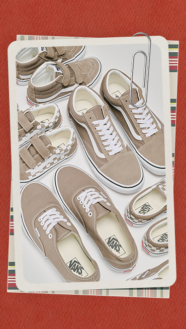 A photograph surrounded by a red holiday border of many pairs of brown Vans shoes in a photography studio.