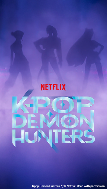 The phrase Netflix KPOP Demon Hunters underneath the silhouettes of three women shrouded in purple and blue fog.