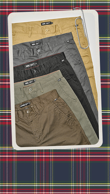 A paperclipped card with an image of various colorways of Vans chinos laying on top of each other on a plaid holiday background.