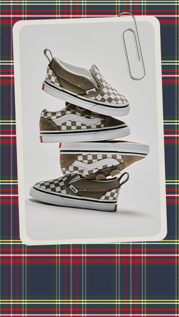 A paperclipped card with an image of several pairs of brown and white Checkerboard kids’ shoes stacked on top of each other.