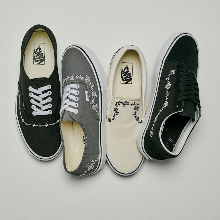 An overhead shot of the Authentic, Classic Slip-On, and Old Skool with stitched floral and barbed wire details from the Embroidered Collection.
