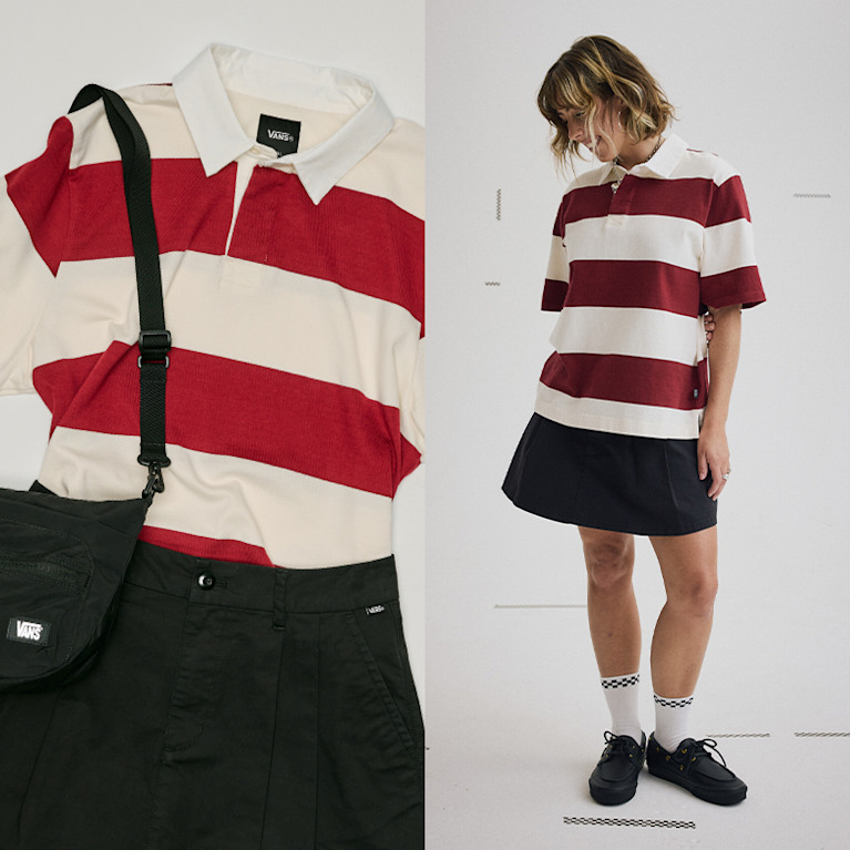 Split image. Right, a woman wearing a Black Chino Mini Skirt with a Red Rugby shirt and Black 2-Eyelet Boat Shoes Left, a layflat shot of the outfit.