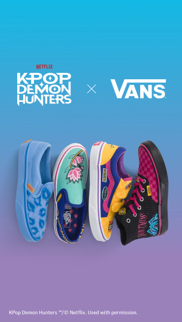 An overhead shot of new kids’ styles of the Classic Slip-On, Old Skool V, and the Sk8-Hi from the KPop Demon Hunters collection.