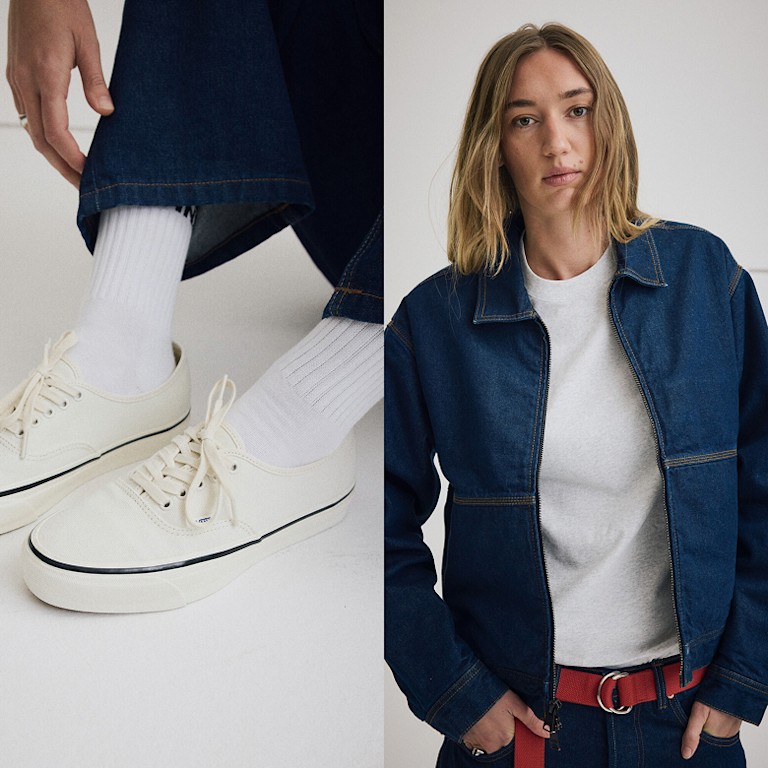 Split image. Left is the Premium Authentic Shoe in Marshmallow White. Right is a woman wearing the Premium Denim Station Jacket with a white shirt underneath.