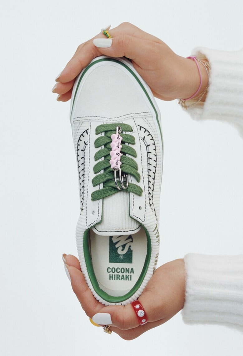 Vans Skater Cocona Hiraki poses in a photography studio wearing all white and her Premium Old Skool from the New Future collection.