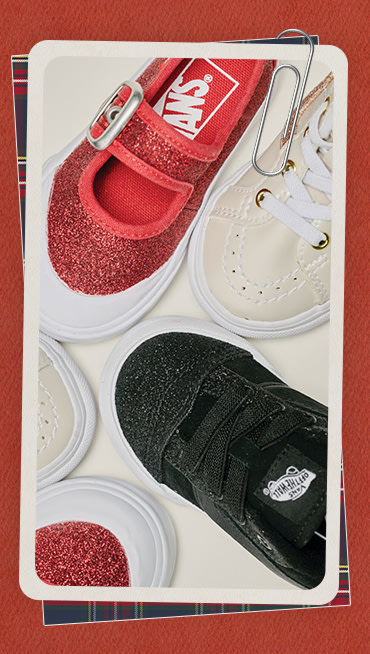 An overhead shot of glittery kids’ shoe styles in a photography studio.