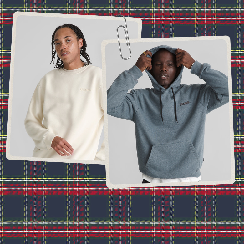 Two paperclipped cards with images of two young men in a turtledove white Vans 66 Crew Sweatshirt and a blue Vans 66 Pullover Sweatshirt.