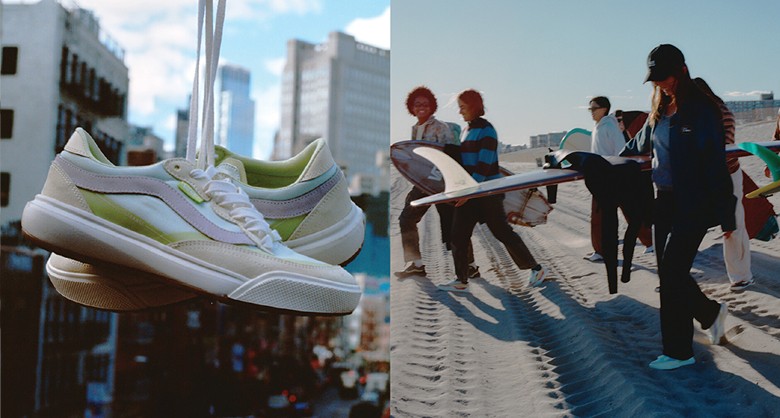 A split image with an UltraRange 2.0 shoe hanging in front of the city and friends walking on the beach with their surfboards in the UltraRange 2.0.