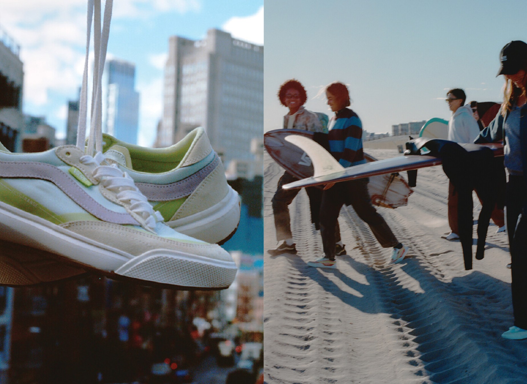 A split image with an UltraRange 2.0 shoe hanging in front of the city and friends walking on the beach with their surfboards in the UltraRange 2.0.