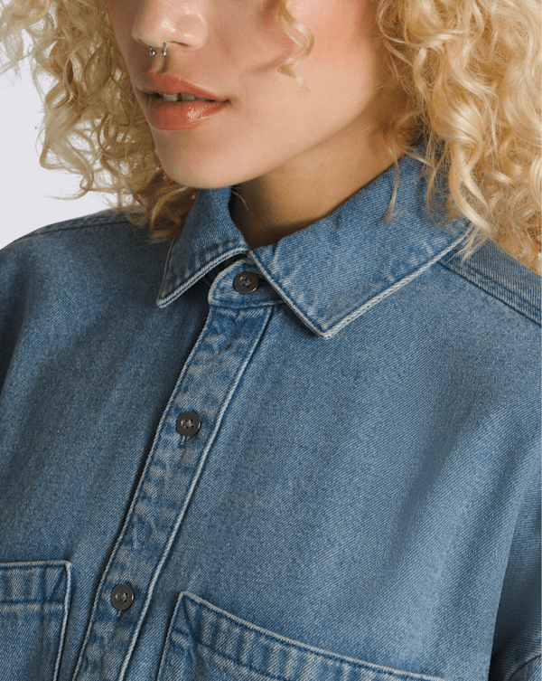 Antica Boxy Denim Long Sleeve Shirt in Stonewash Blue | Vans
