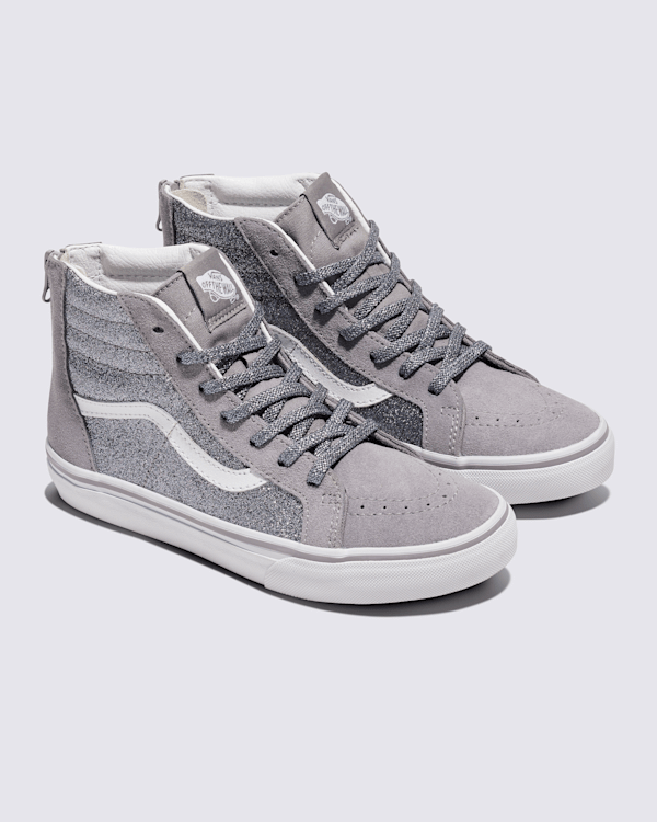 100％本物保証！ Sk8-Hi Kids Big Zip Vans | Grey Gunmetal Glitter in Shoe トップス
