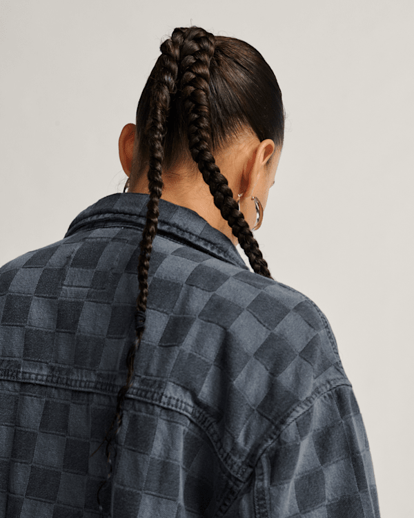 Pitstop Checkered Station Denim Jacket in Checkerboard Faded