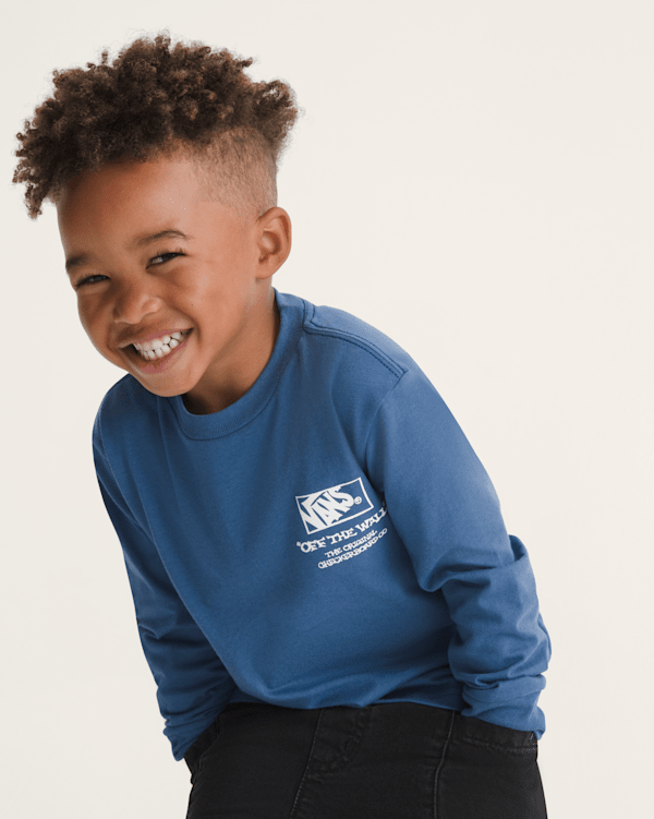 Little Kids Checker Bones Long Sleeve T-Shirt in True Navy Blue | Vans