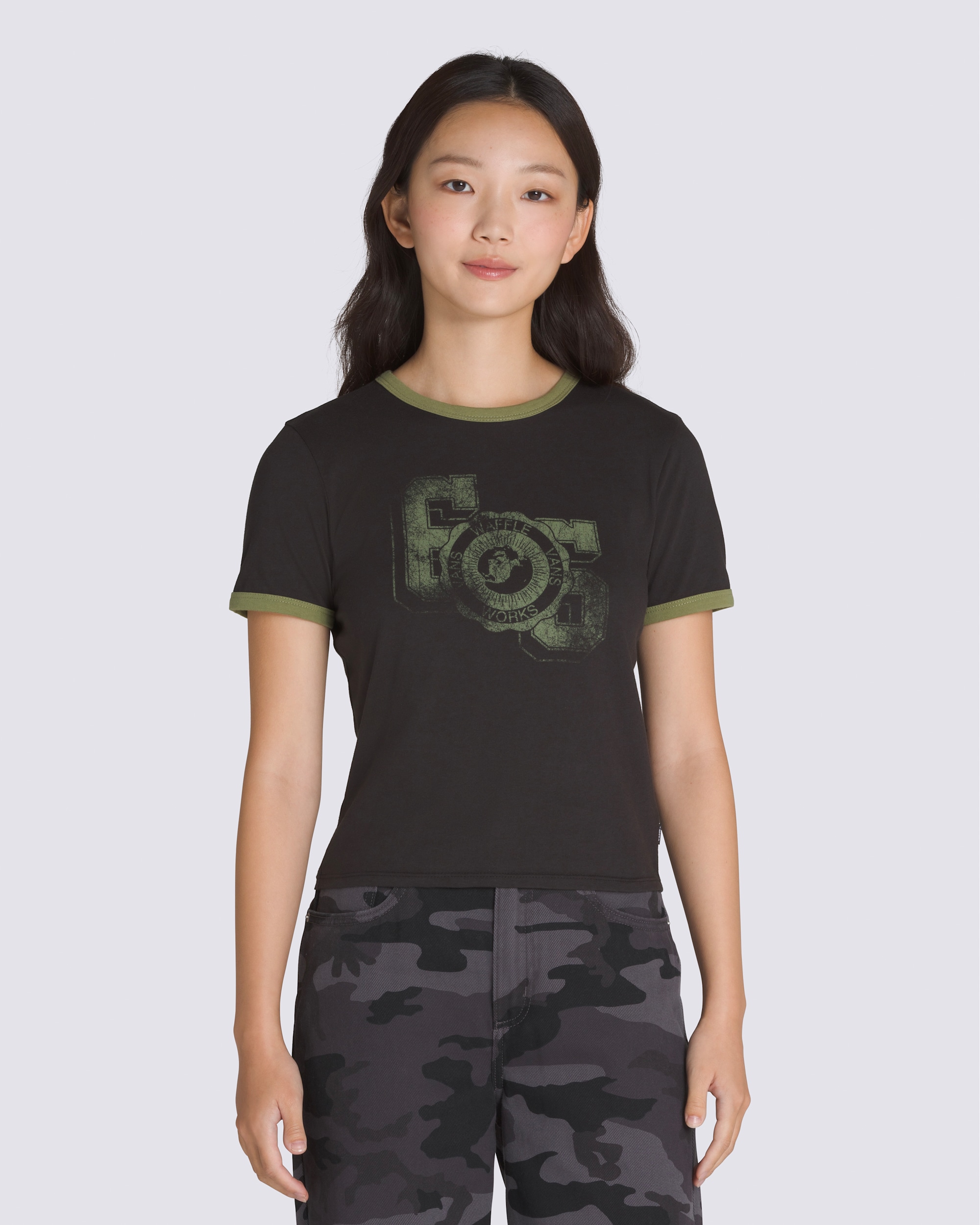 Campus Tour Ringer TShirt VANS Black  Loden Green HERO