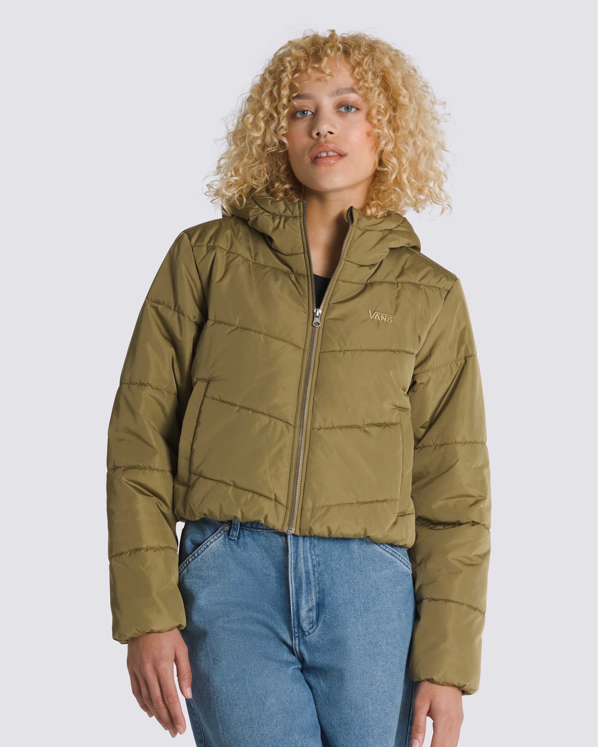Foundry Crop Puff Hooded Jacket VANS Gothic Olive Brown Green HERO