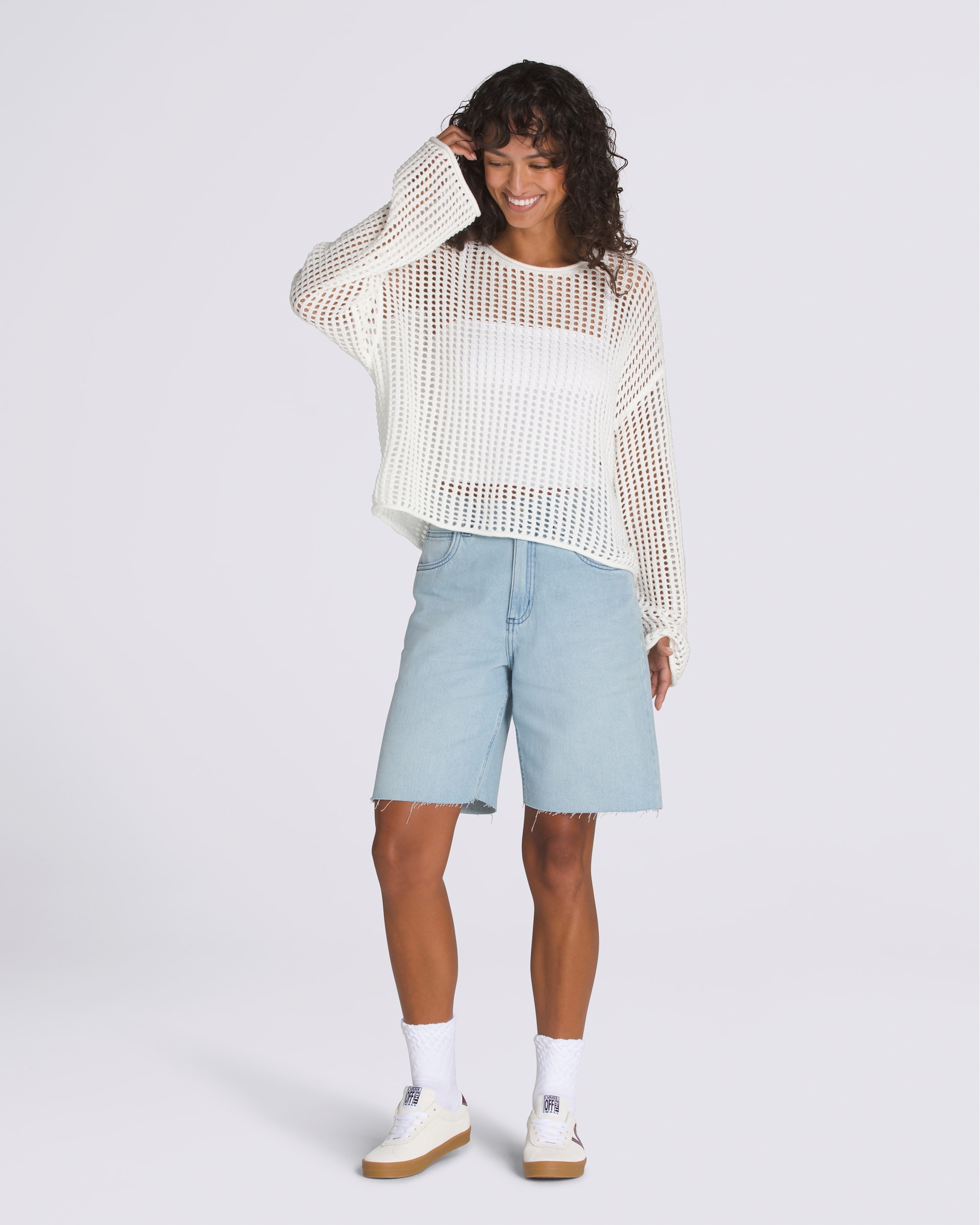 Mila Open Knit Crop Crew Sweater VANS White ALT2