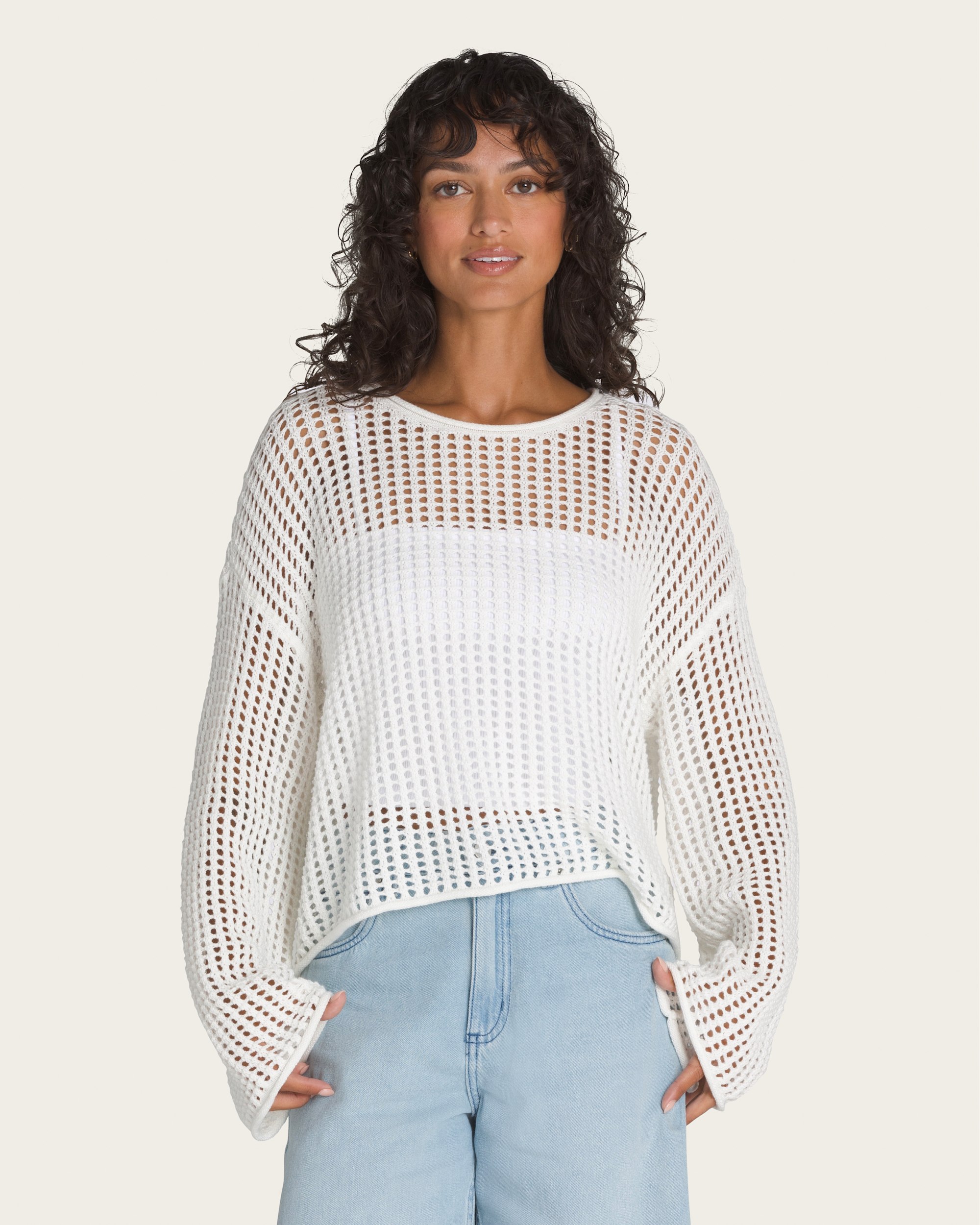 Mila Open Knit Crop Crew Sweater VANS White HERO