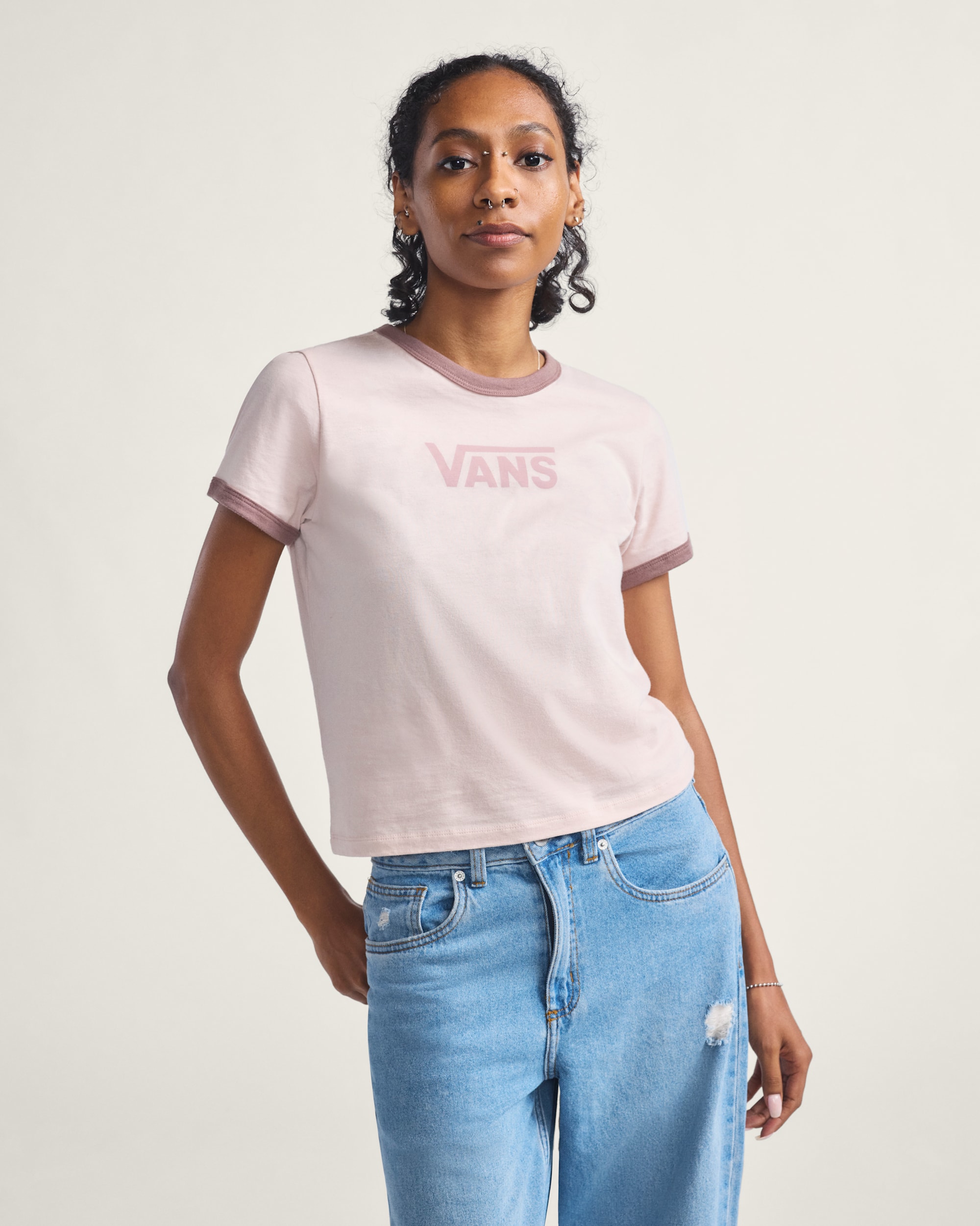 Drop V Ringer T-Shirt in Sepia Rose Pink | Vans