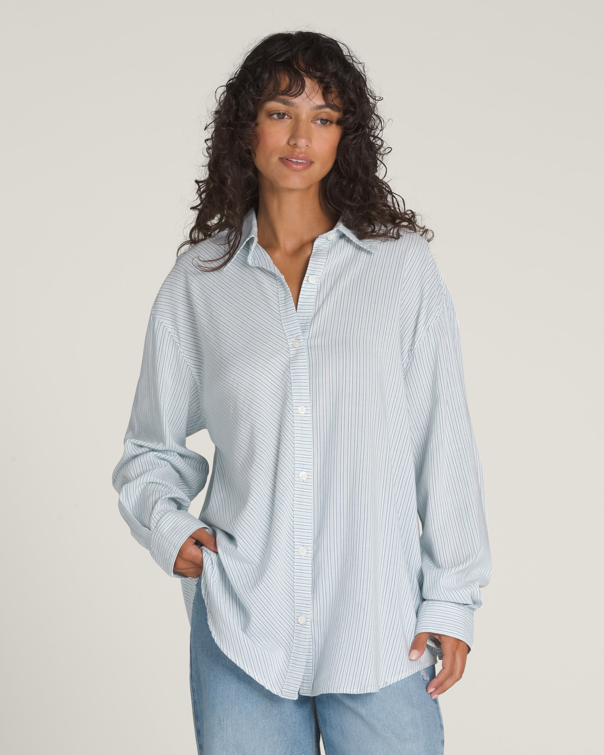 Gillian Striped Button Up Shirt VANS White  Crystal Blue HERO