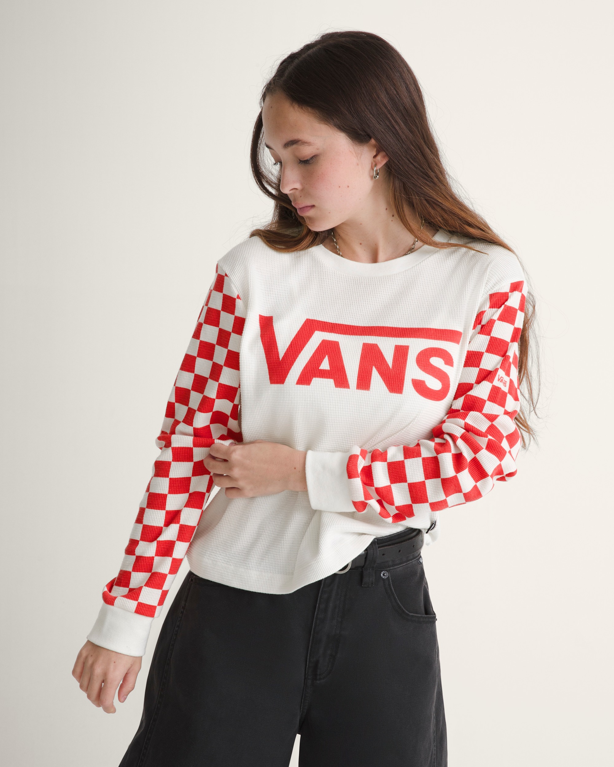 Checkerboard Long Sleeve Shirt VANS Marshmallow White  Red HERO