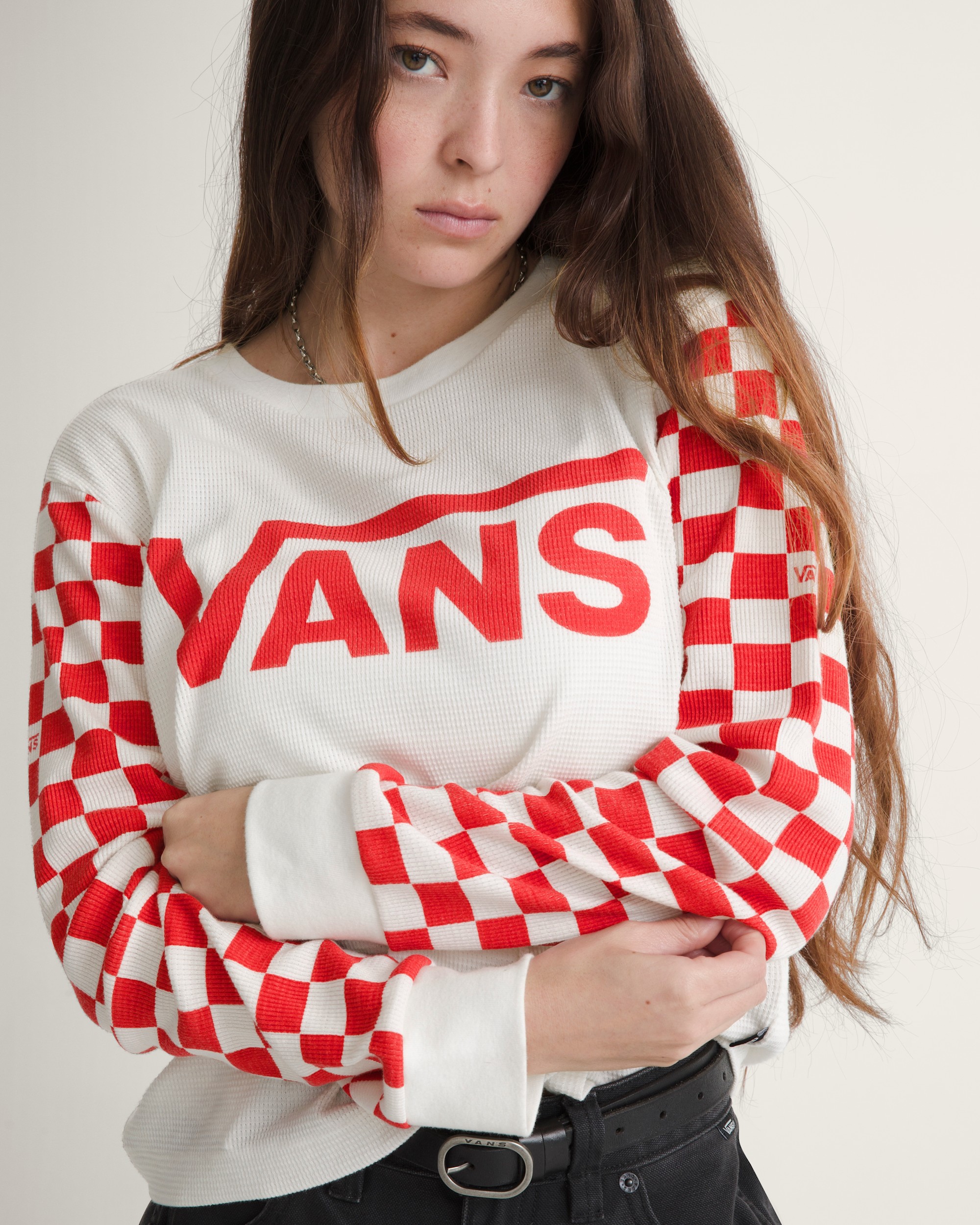 Checkerboard Long Sleeve Shirt VANS Marshmallow White  Red ALT2