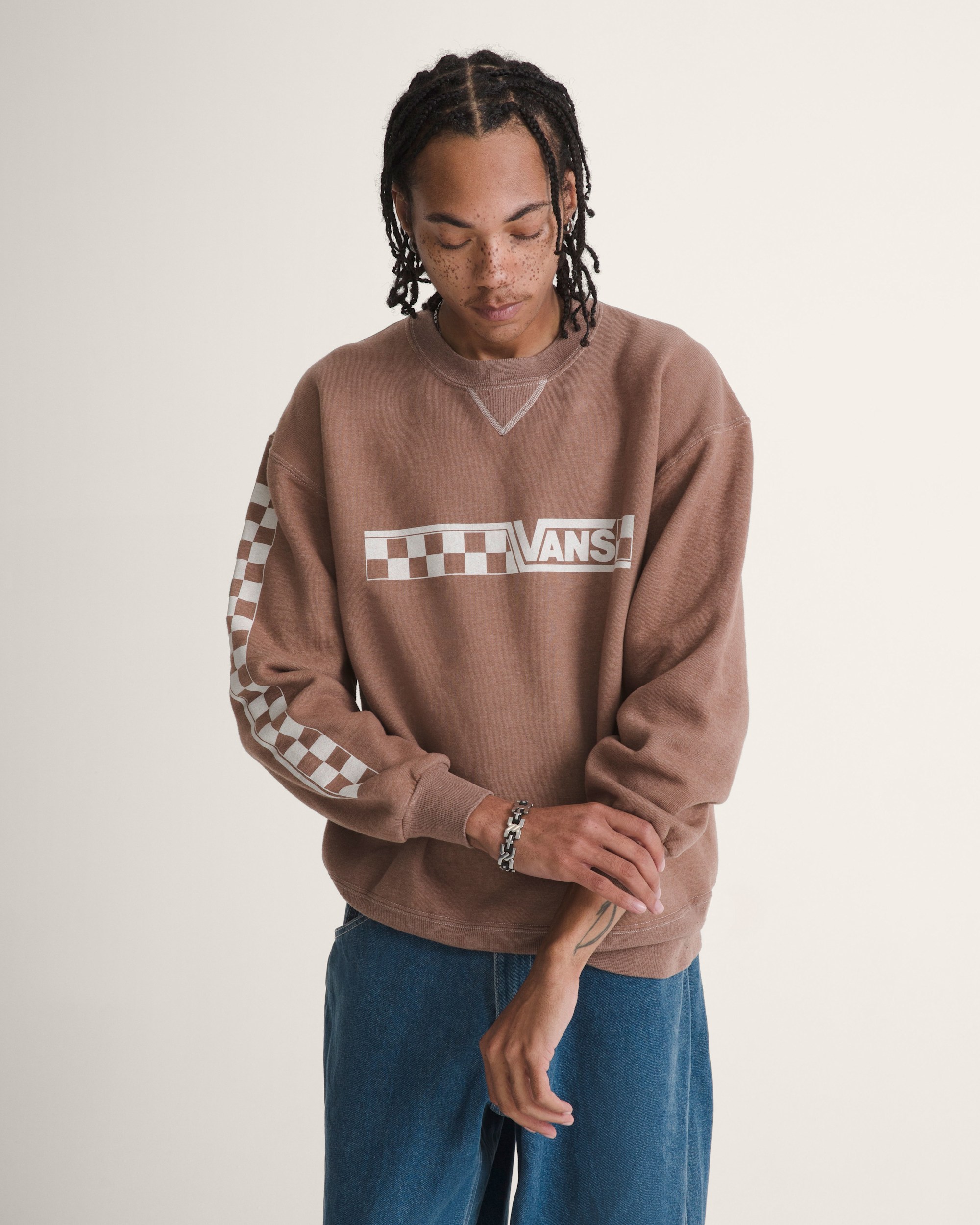 Waffle Shop Checkerboard Vans Style Crew Sweatshirt VANS Brown HERO
