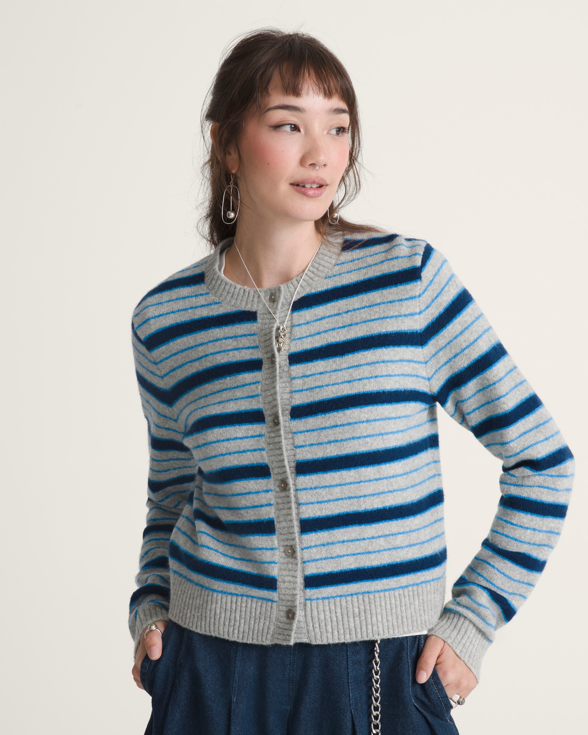Premium Dolly Stripe Cardigan Sweater VANS Cement Heather Grey  Bright Azure Blue ALT2