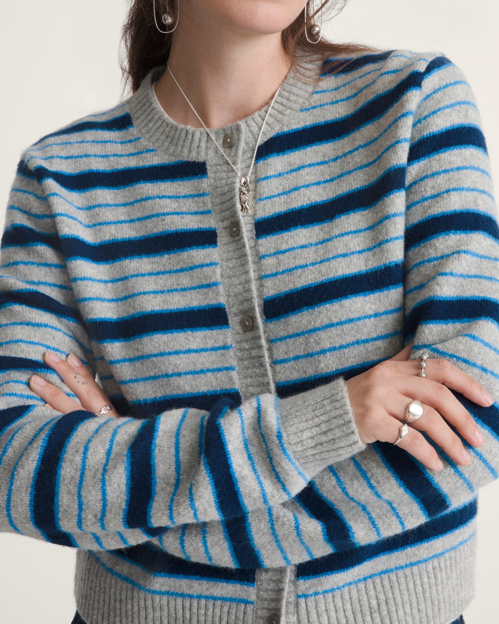 Premium Dolly Stripe Cardigan Sweater VANS Cement Heather Grey  Bright Azure Blue ALT4