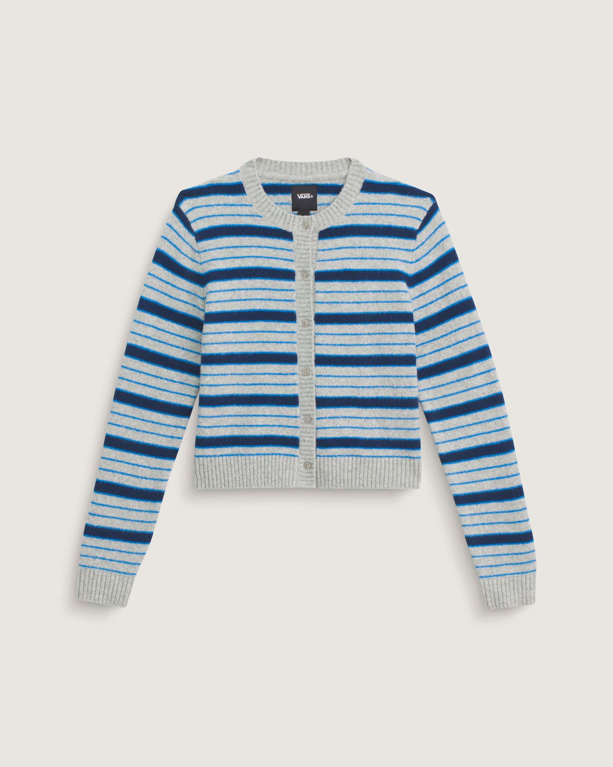 Premium Dolly Stripe Cardigan Sweater VANS Cement Heather Grey  Bright Azure Blue HERO