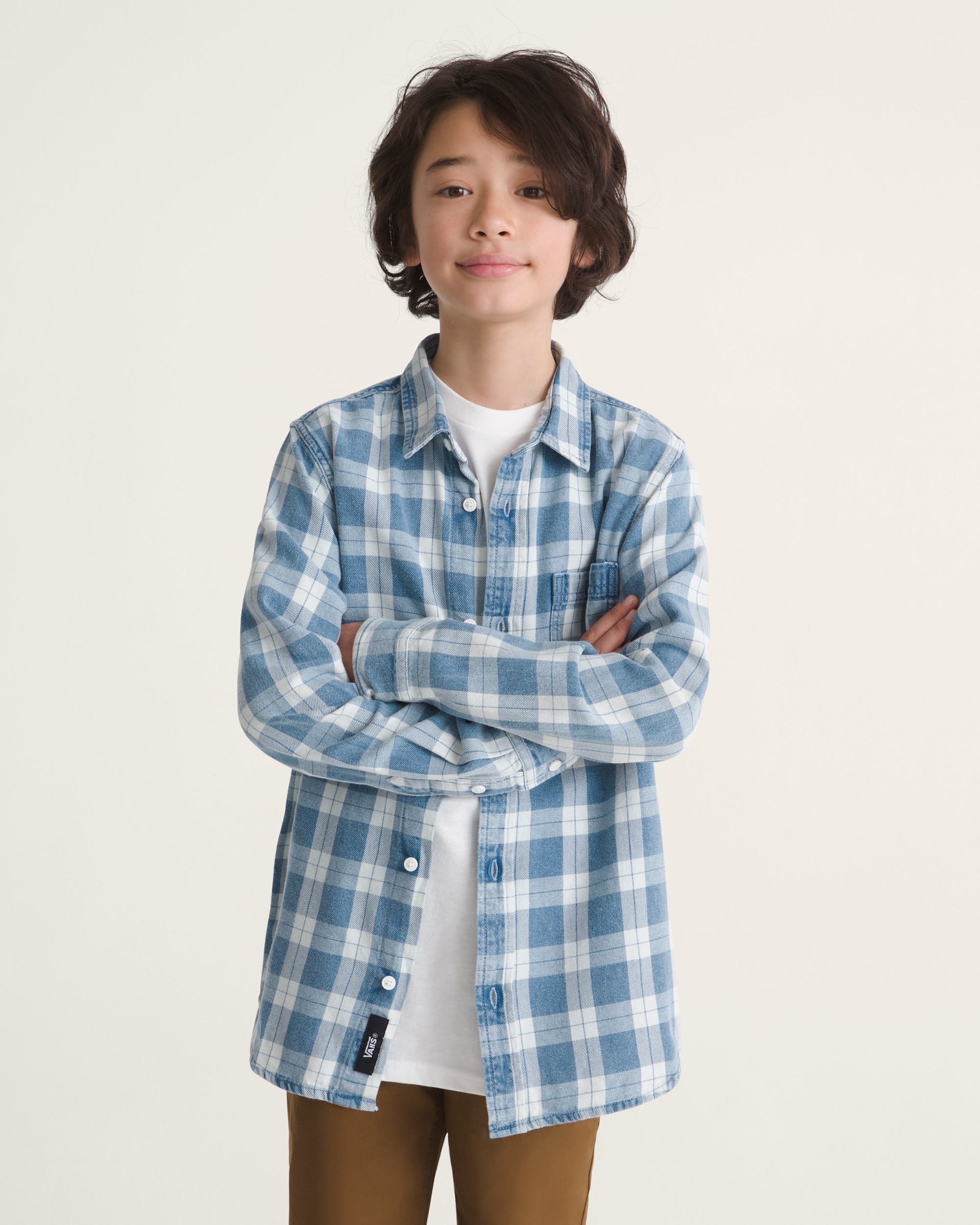 Kids Lawson Solid Oxford Long Sleeve Shirt VANS Bleach Indigo ALT2