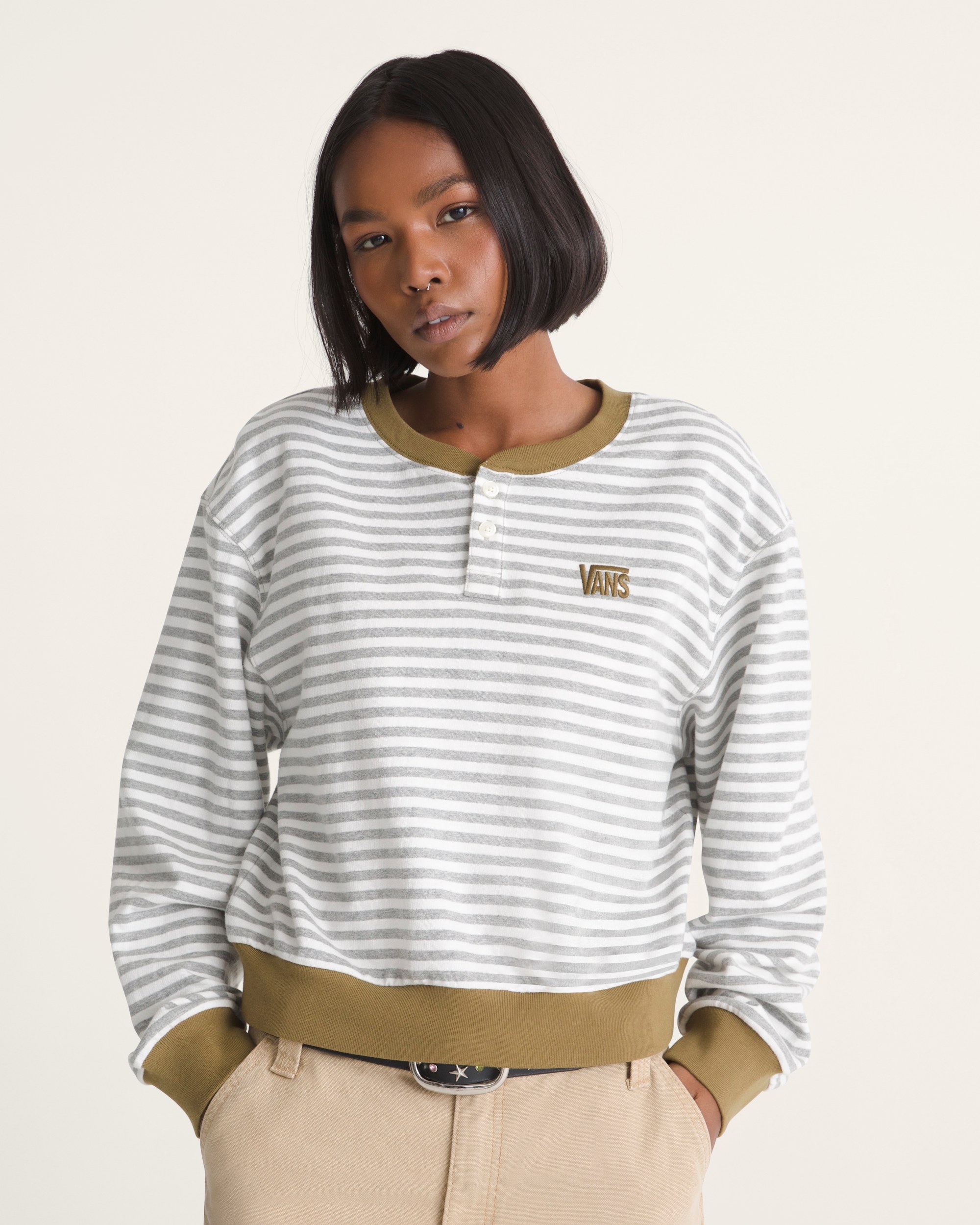 Molly Long Sleeve Henley VANS Marshmallow White  Cement Heather Grey ALT2