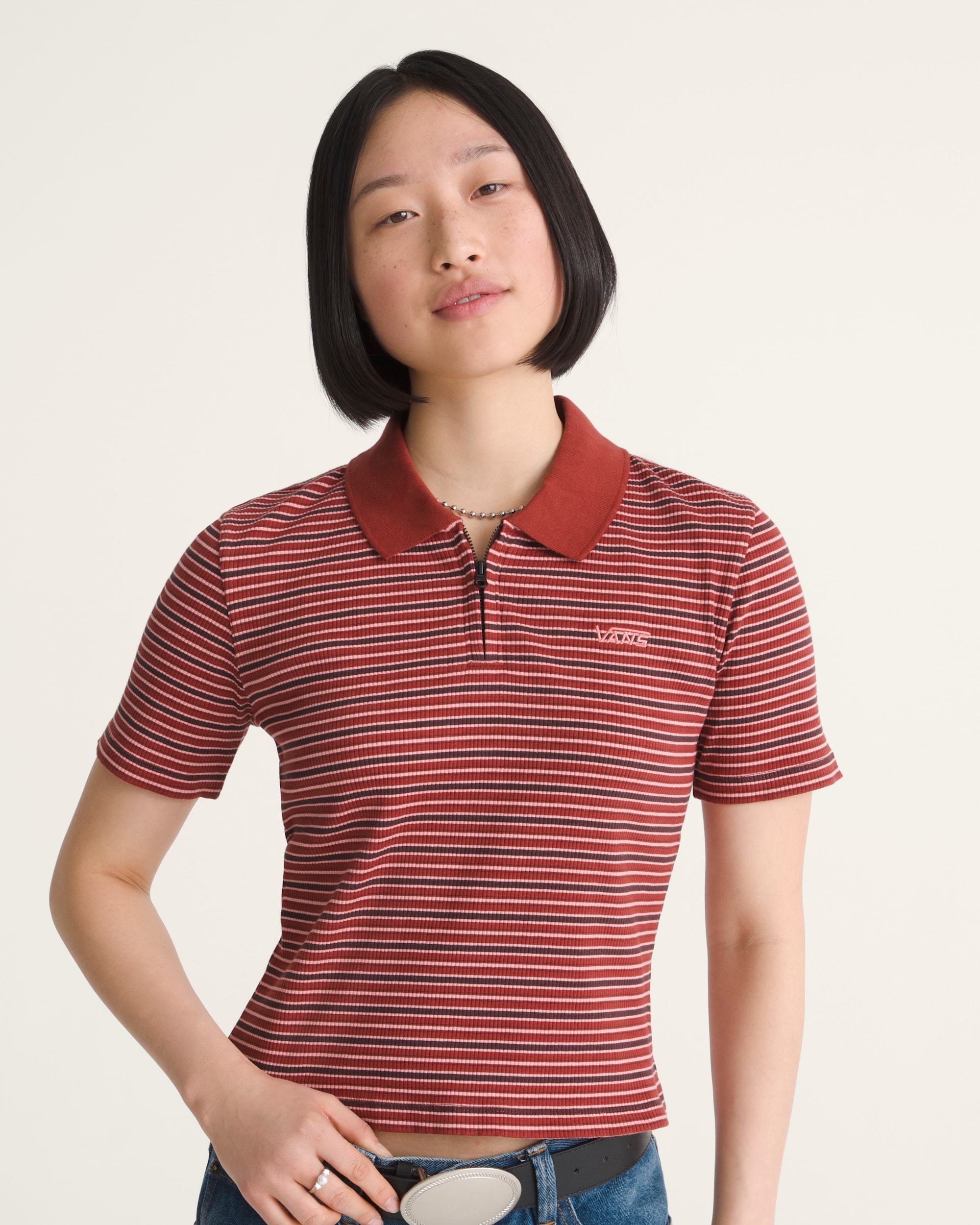 Priscilla Stripe Polo Shirt VANS Poppy Ember Red ALT2