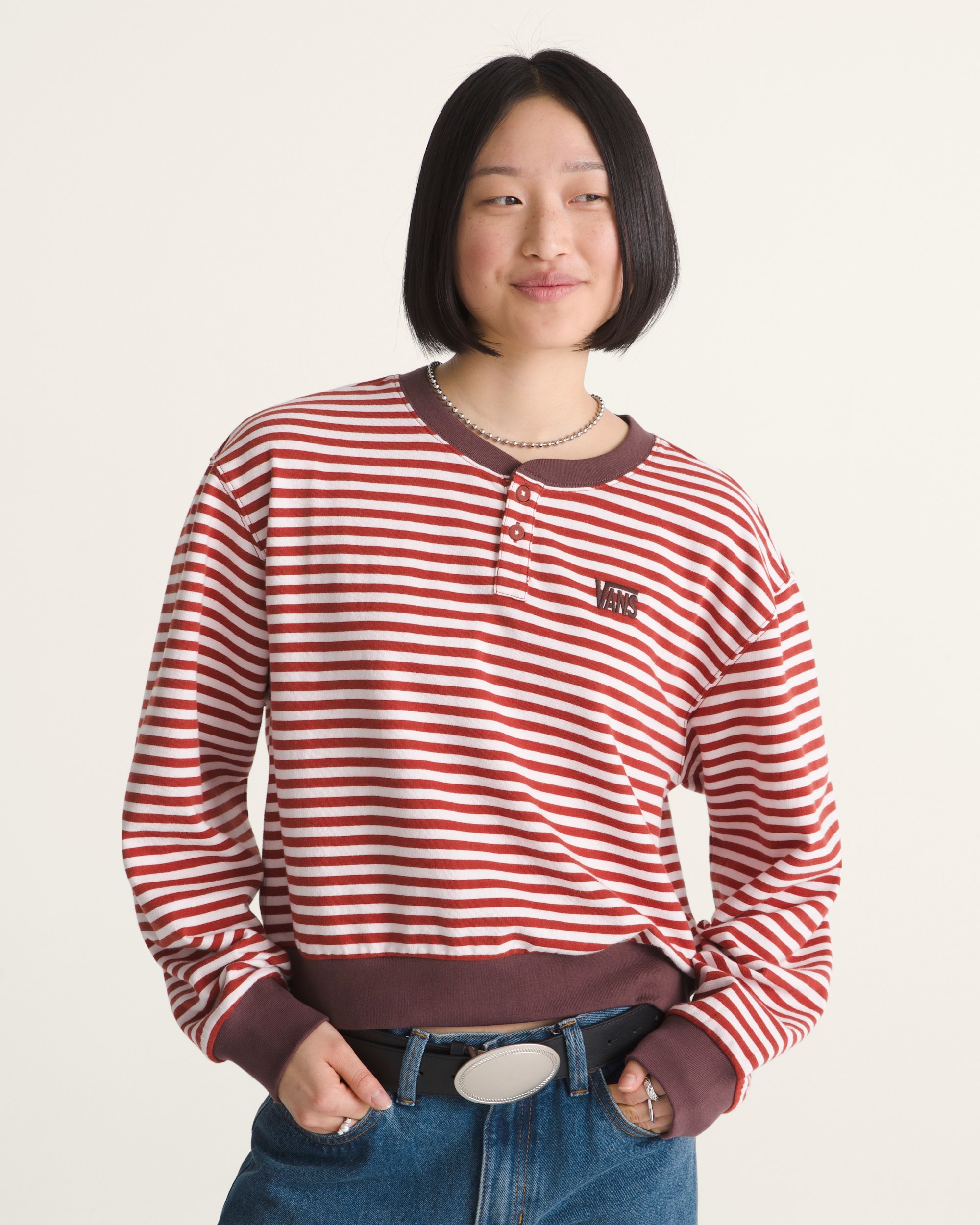 Molly Long Sleeve Henley VANS Pale Petal Pink  Poppy Ember Red ALT2
