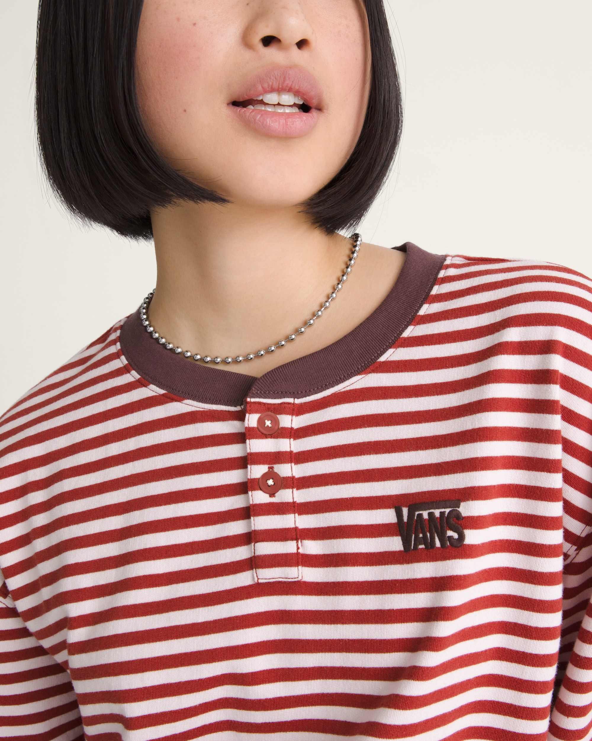 Molly Long Sleeve Henley VANS Pale Petal Pink  Poppy Ember Red ALT4