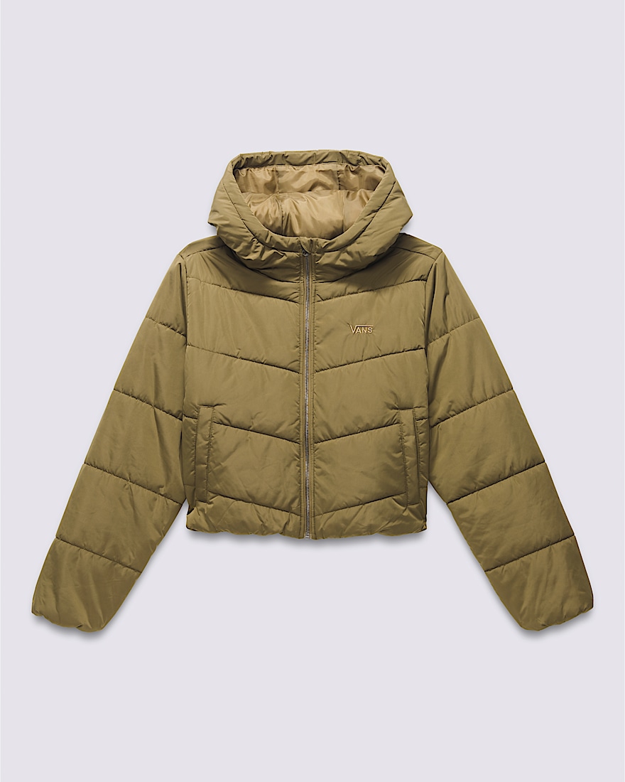 Foundry Crop Puff Hooded Jacket VANS Gothic Olive Brown Green FLATLAY