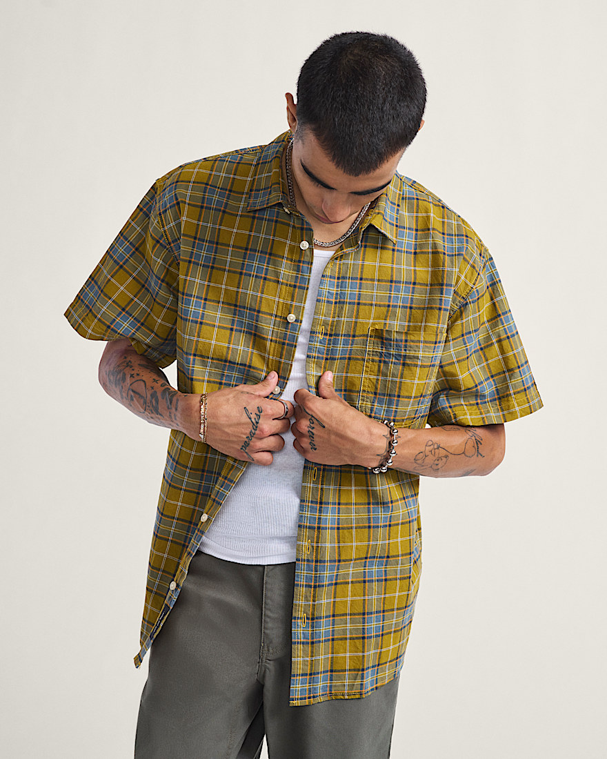 Lawson Plaid Button Up Shirt VANS Burnt Gold Yellow  Stormy Weather Blue HERO