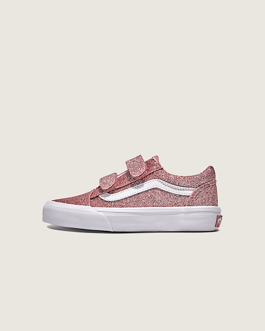 Little Kids Old Skool V Shoe VANS Glitter Rose Gold Pink HERO