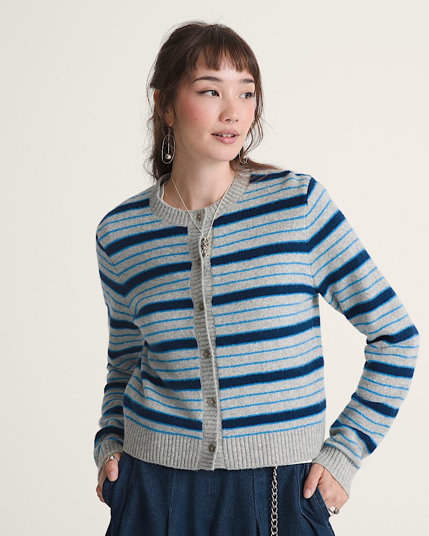 Premium Dolly Stripe Cardigan Sweater VANS Cement Heather Grey  Bright Azure Blue ALT2