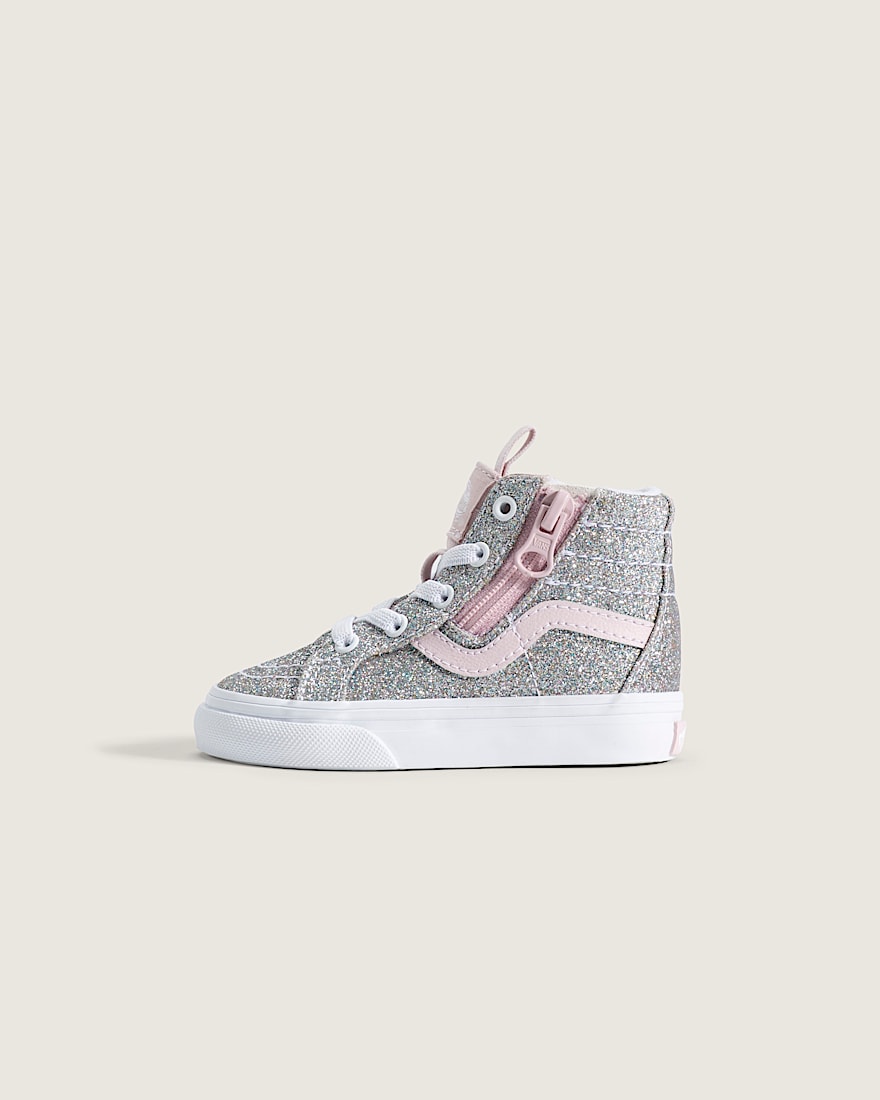 Toddler Sk8Hi Side Zip Shoe VANS Glitter Silver Grey Pale Petal HERO