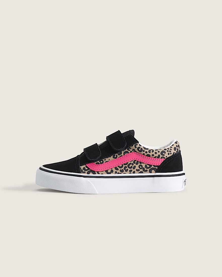 Little Kids Old Skool V Shoe VANS Leopard Pink Velvet Black HERO