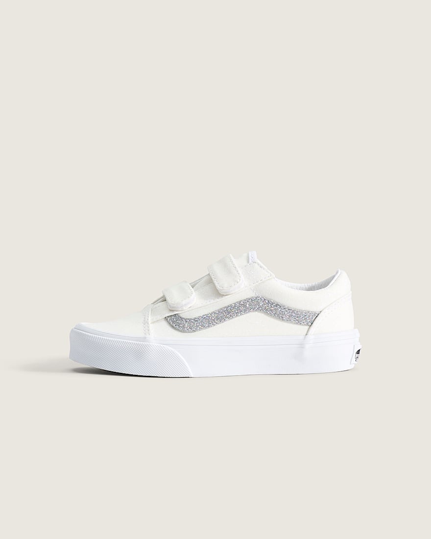 Little Kids Old Skool V Shoe VANS Glitter White Silver Grey HERO