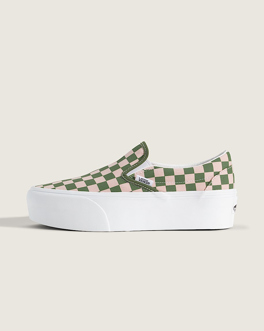 Classic SlipOn Platform Checkerboard Shoe VANS Checkerboard Sepia Rose Pink  Pine Forest Green HERO