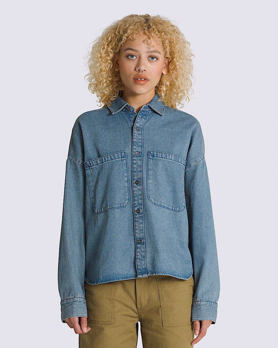 Antica Boxy Denim Long Sleeve Shirt in Stonewash Blue | Vans
