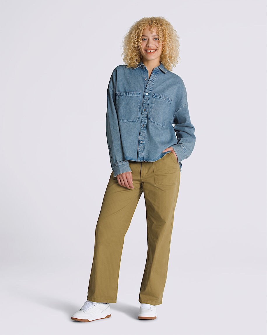 Antica Boxy Denim Long Sleeve Shirt in Stonewash Blue | Vans