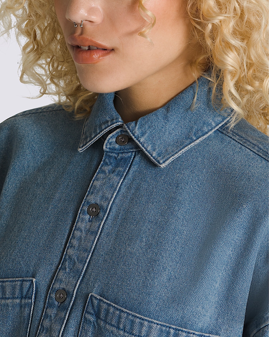 Antica Boxy Denim Long Sleeve Shirt in Stonewash Blue | Vans