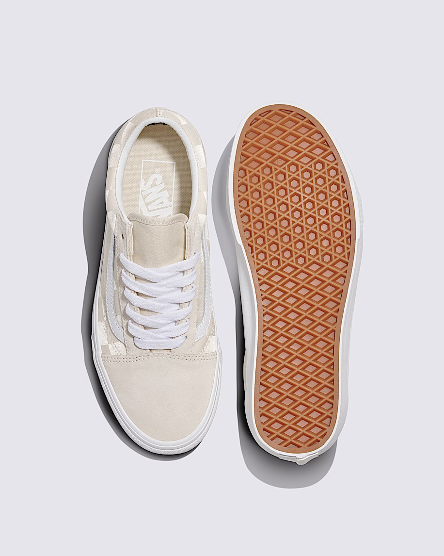 殿堂 Skool Old Checkerboard Vans | Beige Turtledove in Shoe Satin 靴