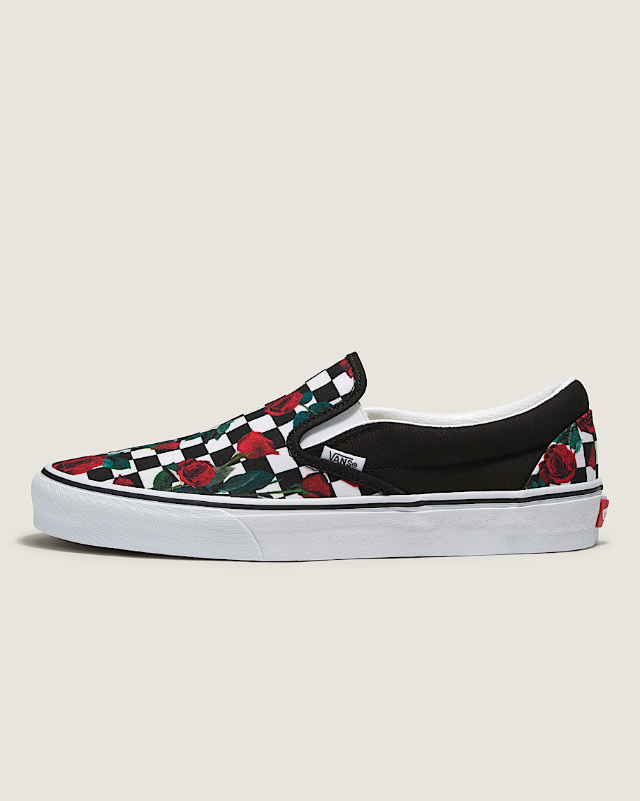 grey checkered vans with roses